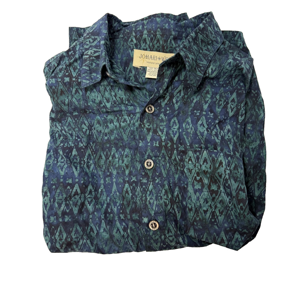 Johari West XLT Mens Hawaiian shirt batik navy green short sleeve button up